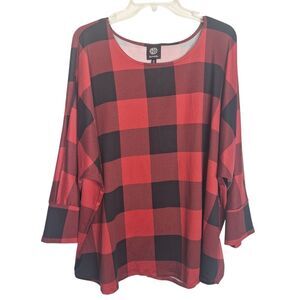 Bobeau Plaid Blouse Top 3/4 Sleeve Scoop Neck 3X Womens